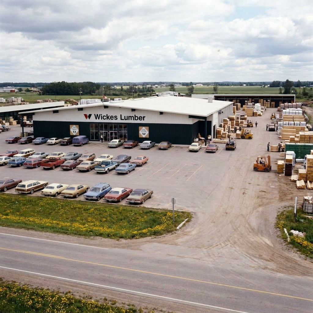 Exterior photograph of a Wickes Lumber retail location from the 1970s showing the storefront, parking lot, and lumber yard during the company's expansion period